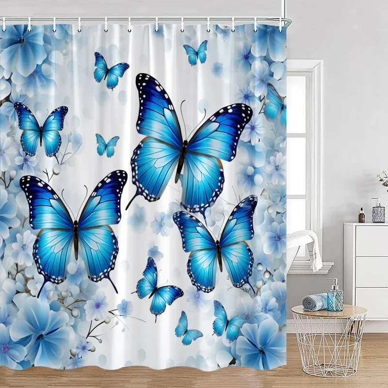 VIKAMA Romantic Shower Curtain Blue Butterfly Purple Flower Pattern Waterproof Bath Curtain for Bathroom Decoration