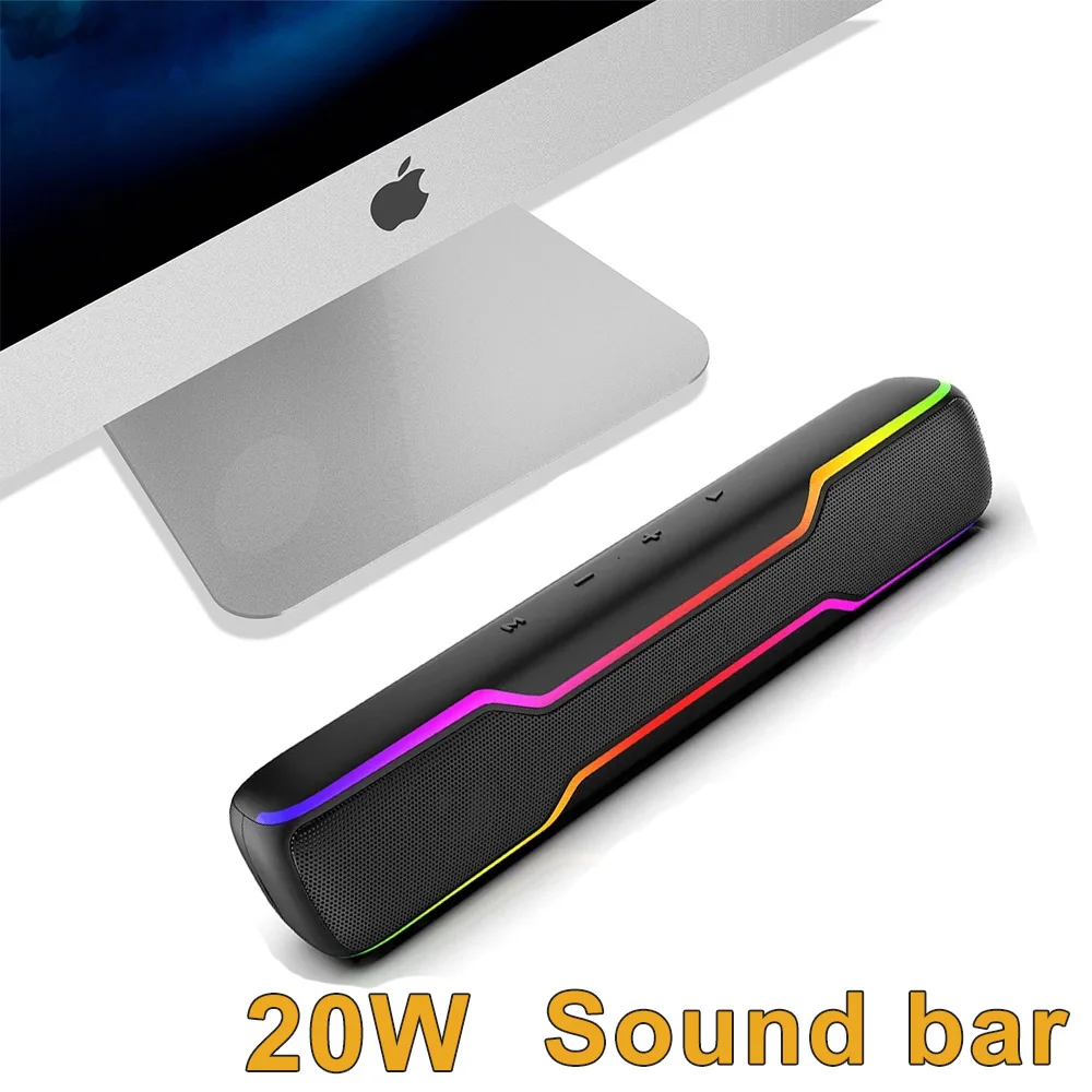 Computer Bluetooth Soundbar 20W Powerful BT 5.3 Skin-friendly Rubber Surface with RGB Light Multi-function Subwoofer