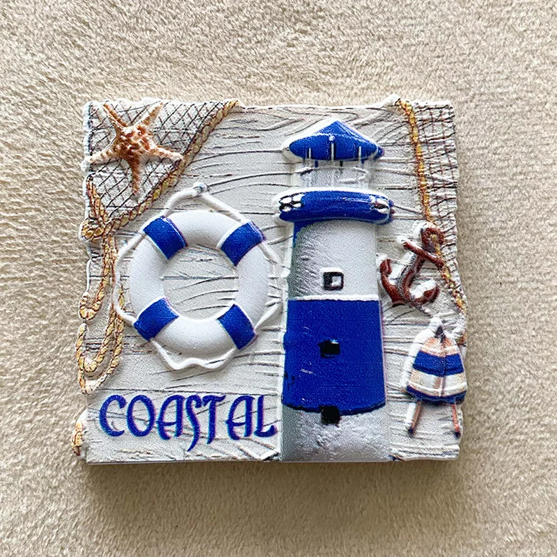 

3D Resin Coastal Fridge Magnet - Blue Lighthouse with Lifebuoy, Anchor, Starfish - Cute & Decorative Kitchen/Bathroom Magnets