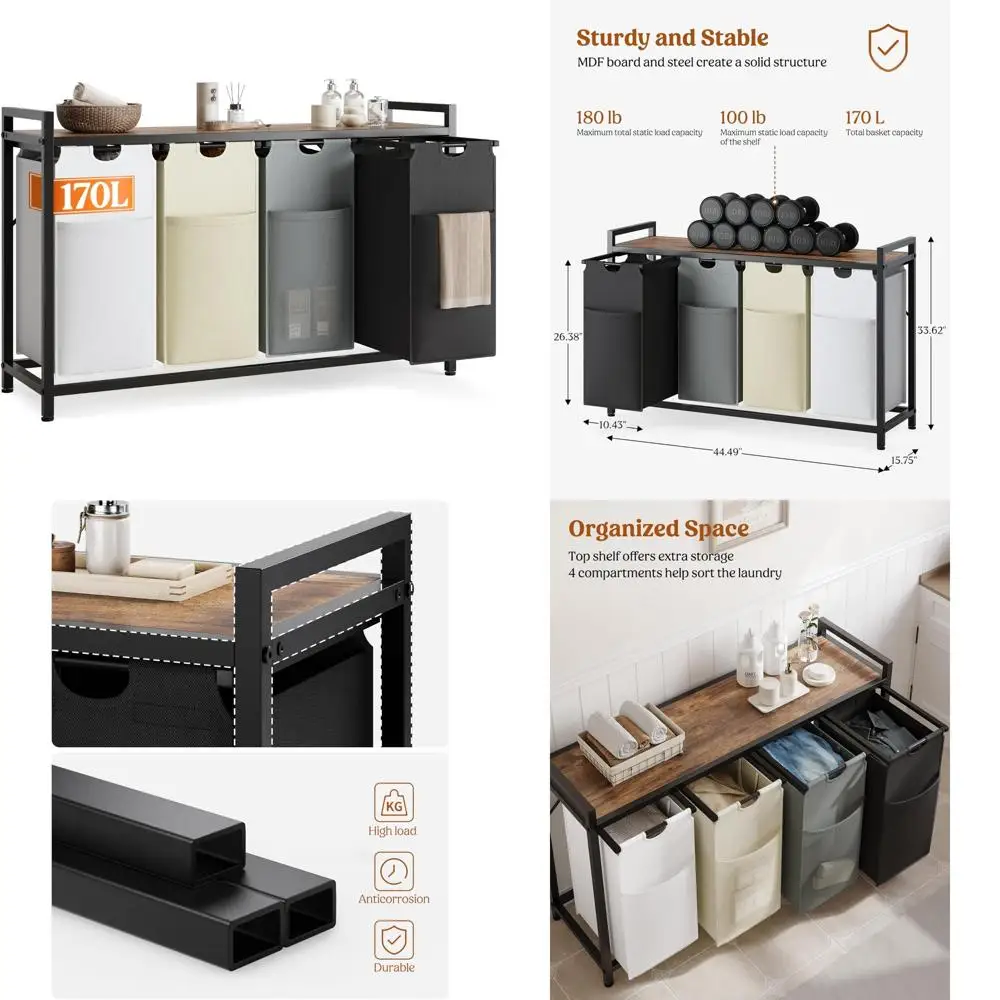 

4-Section Laundry Hamper Organizer with Removable Bags and Pull-Out Shelf