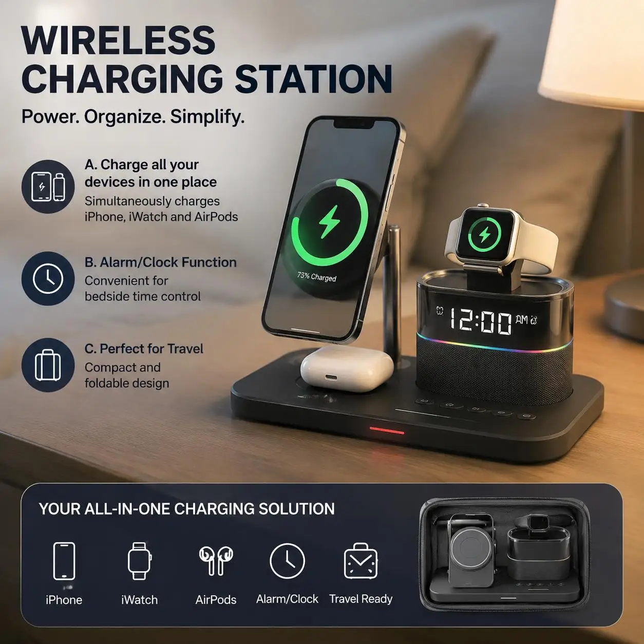 Magnetic Wireless Charging Station for Phone Series 12 13 14 15 16 17 and Watch Ultra 8 7 6 5 Earbuds Charger Stand Multi Device Charging Pad for Desk Home Office Travel Supports Fast 15W Charging for Phones and 5W for Wearables and 360 Degree Desk Stand
