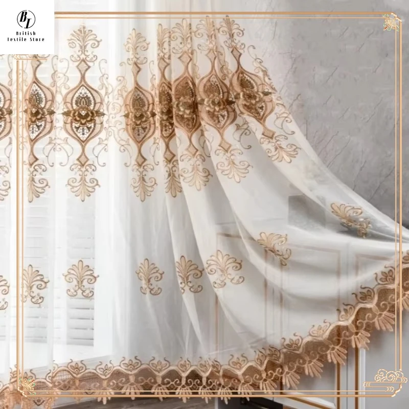 

European Luxury Hollow Embroidery Coffee White Tulle Sheer Curtains for Living Room Bedroom Dining Thicken Window Custom Thicken