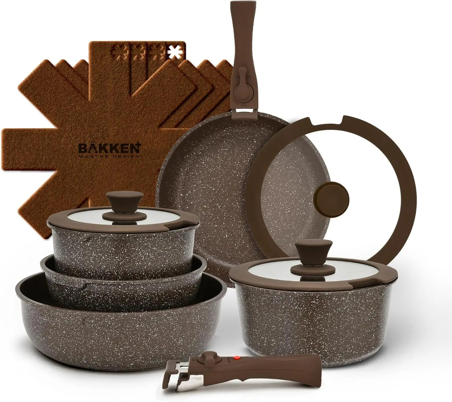 

Kitchen Cookware Set - Nonstick Granite Coating, Pots and Pans with Handles and Tempered Glass Lids, PFOA, PFOS, PTFE Free, Cera