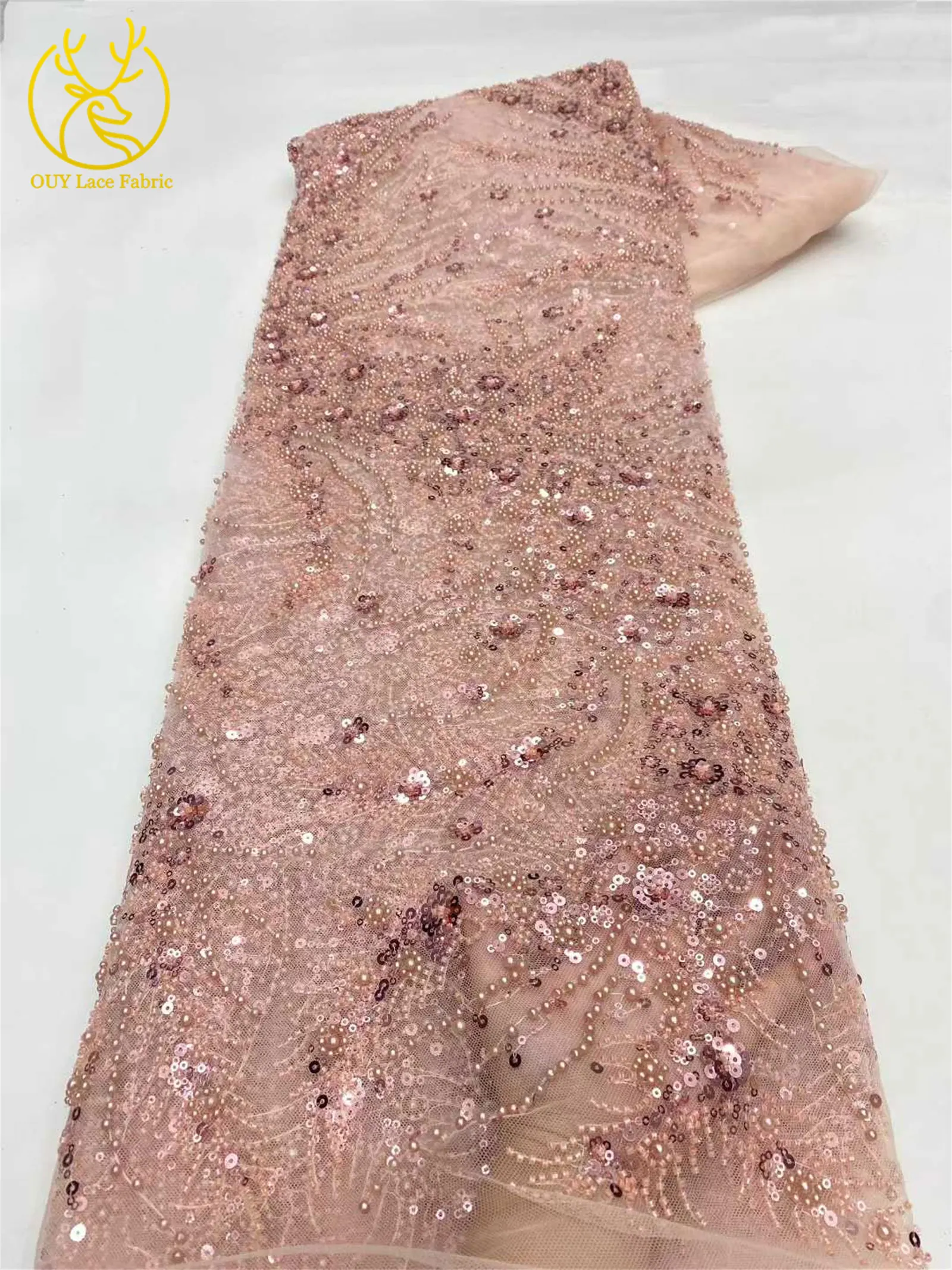 2026 Luxuriöser, zarter Netzstoff mit Perlenstickerei, 5 Yards, eleganter, hochwertiger afrikanischer Spitzenstoff für Hochzeits- und Abendkleider zum Nähen – Detail 14