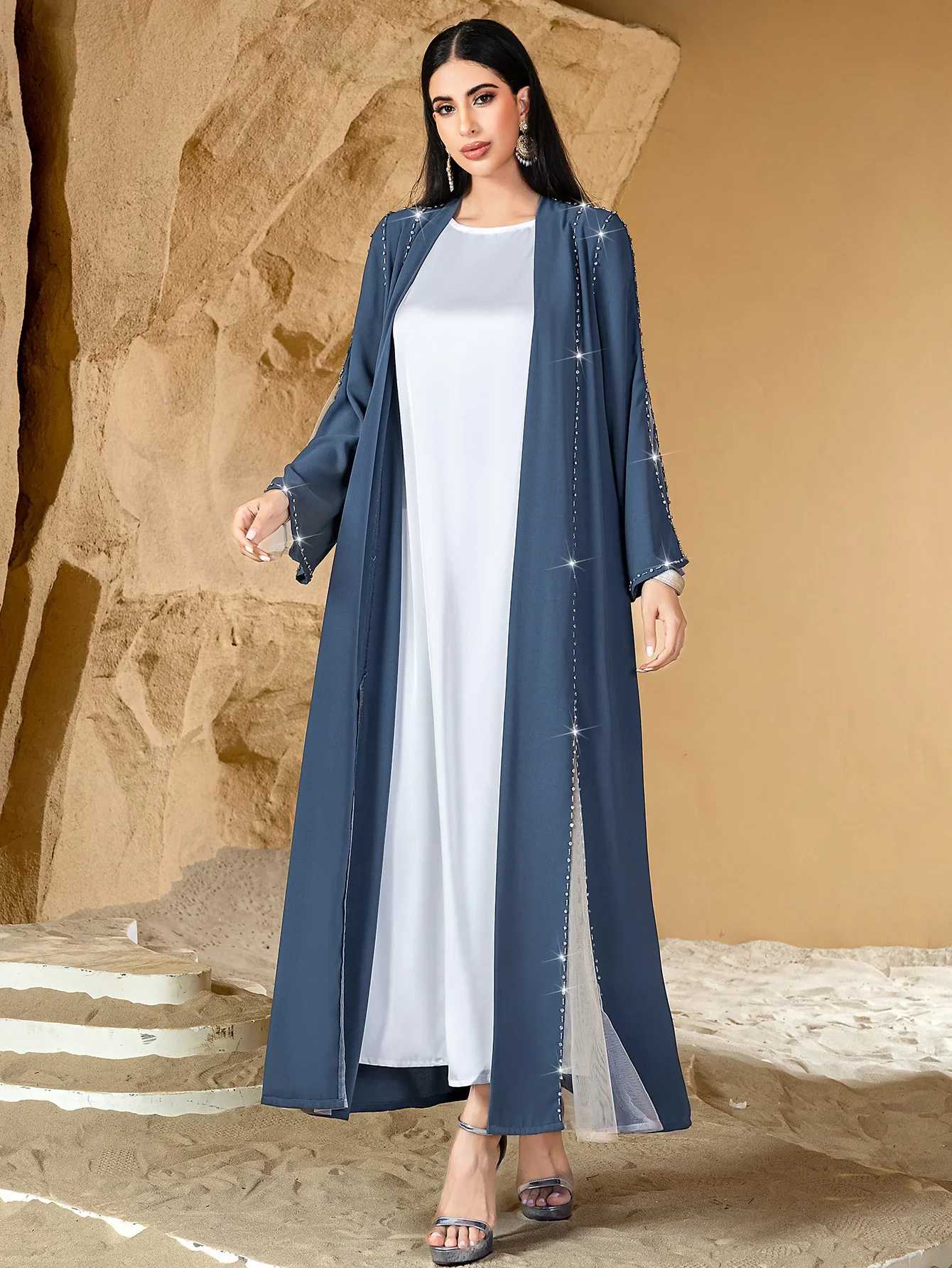 Femmes gris bleu décontracté à la mode en vrac élégant diamant à manches longues Cardigan Abaya femme vêtements moyen-orient musulman nouvelle mode
