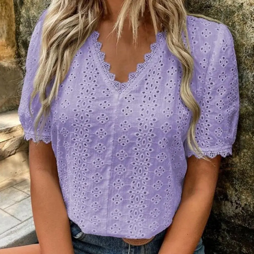 2022 Summer Women Blouse V-Neck Short Puff Sleeve Solid Color Lace Spliced Hollow Leisure Pullover Top Office Lady Elegant Shirt