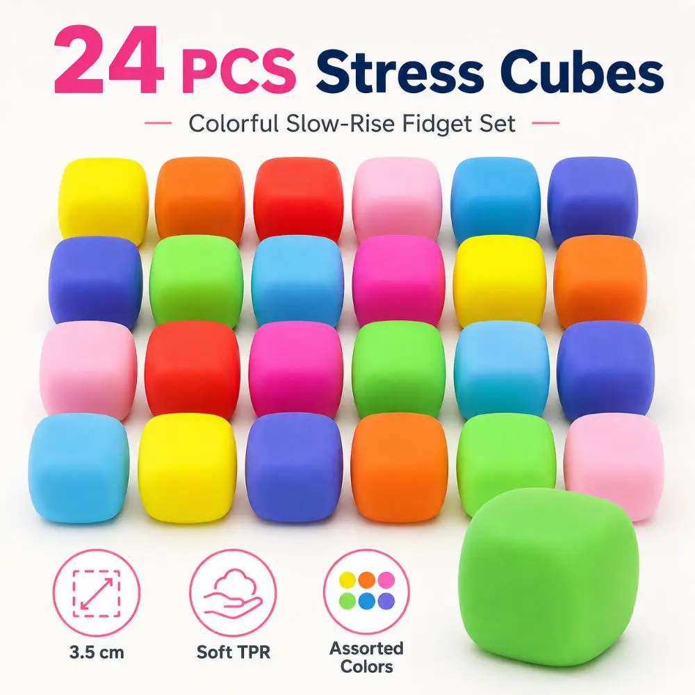 24PCS New 3.5cm Stress Cube Flour Filled TPR Sensory Stress Toy Slow Rise Stretchable Squeeze Fidget Toy Home Office