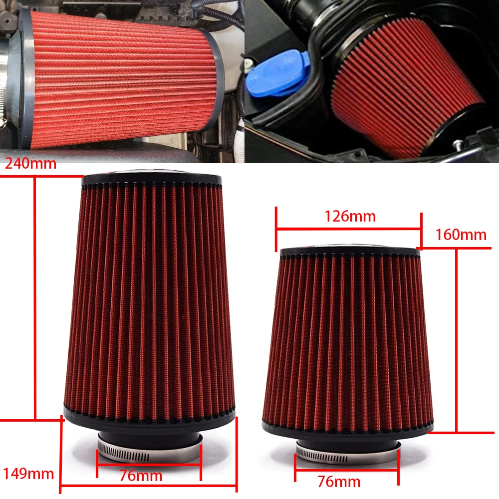 K  n Universal Clamp-On Air Filter 76MM 3inch High Flow Round Tapered Cone Closed-Top Cool Air Filter Cleaner for car Motorcycle