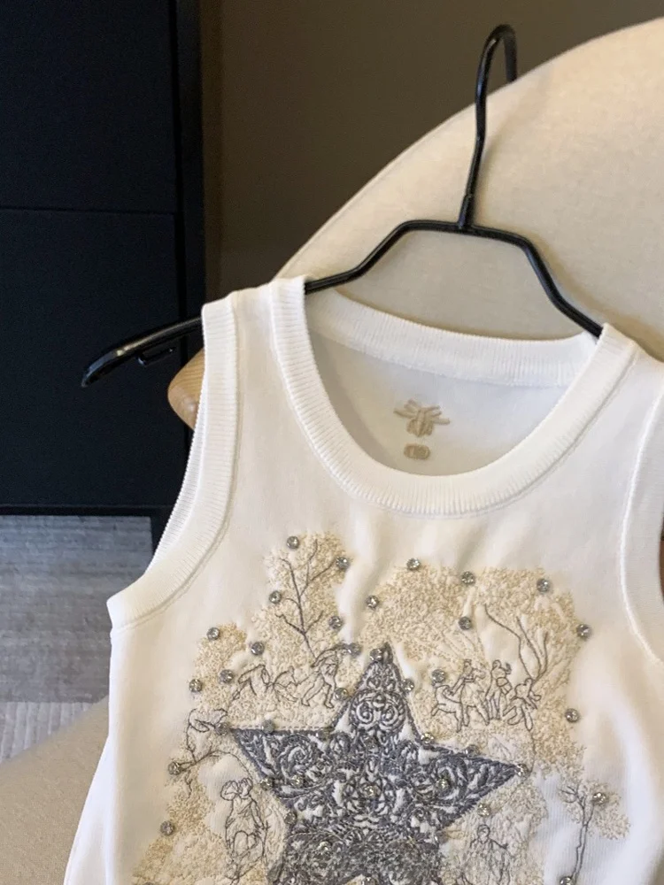 Heavy Embroidery Star Design Women's Sleeveless Tank Top Glittering Rhinestones Summer Original Design Slim Fit Silk Blend 3