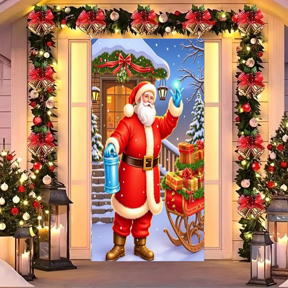 2025 Funny Santa Christmas Door Cover Xmas Outdoor Decorations Banner Room Kitchen Decoration Home Party Door Hang Props New In