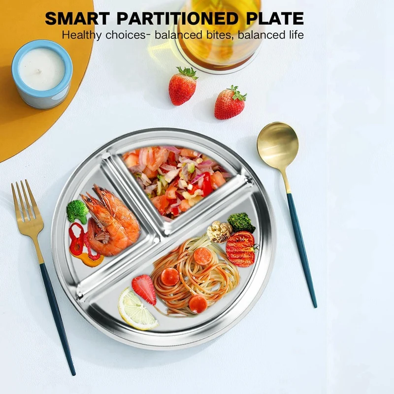 A74E-Stainless Steel Kids Plates 2 Packs,9Inch Portion Control Plate Divided Plates For Adults Bariatric Weight Loss Diabetic