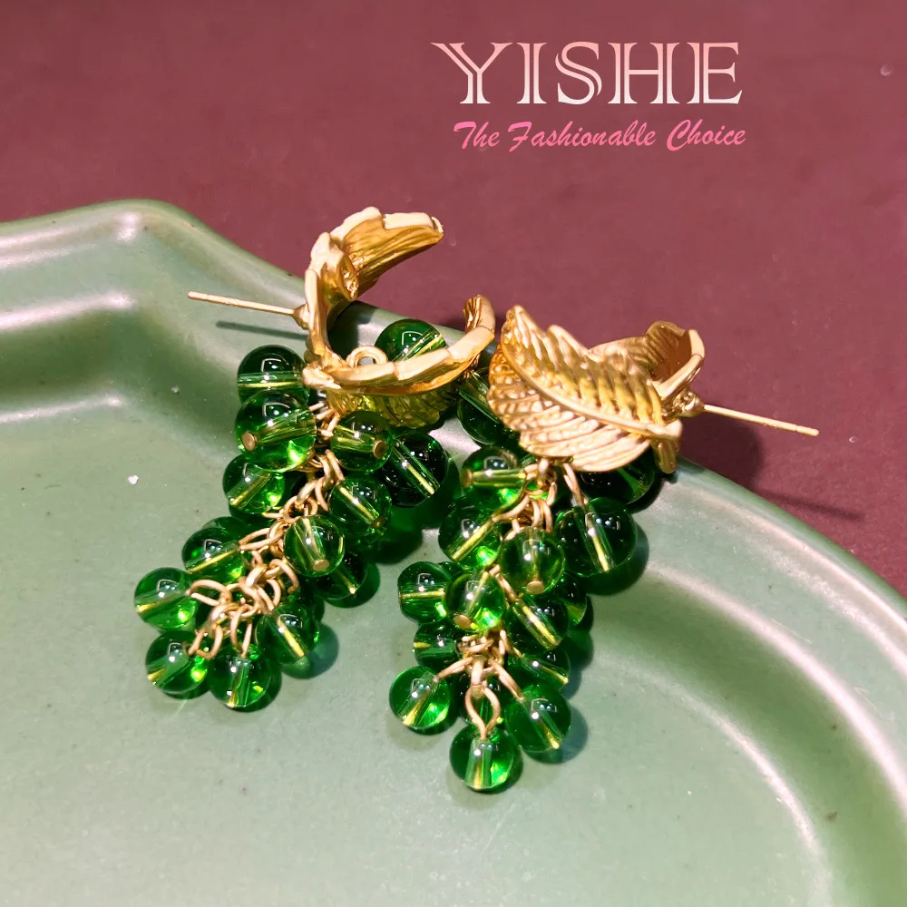 Medieval green grape plated real gold old earrings vintage niche design sense versatile new Chinese earrings batch