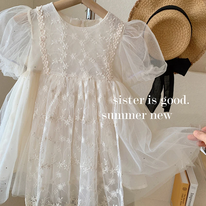 Kids Girls Summer Mesh Dresses Embroidery Floral Print A-Line Tulle Vestidos 2-8Y Children Fashion Puff Sleeve Princess Frocks