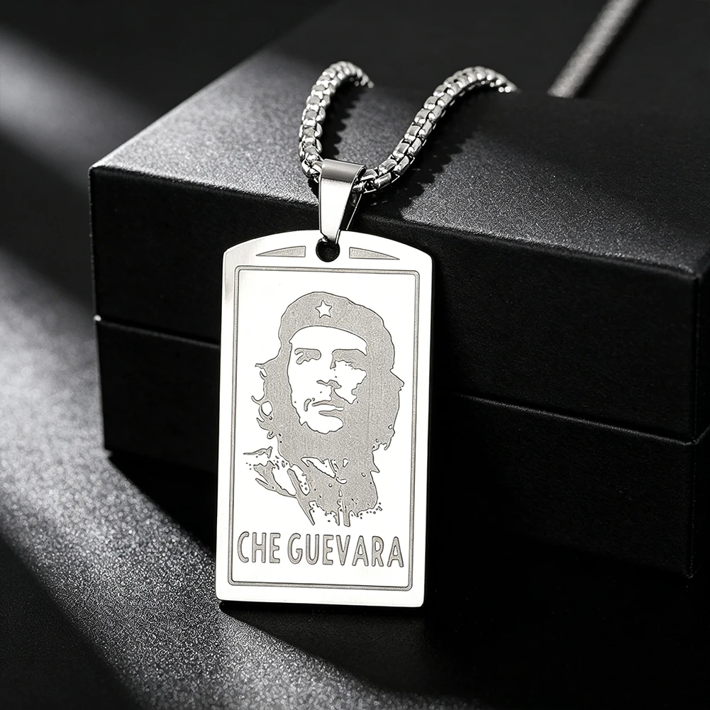 Vintage Che Guevara Necklace Back Blank Lettered Stainless Steel Square Box Chain Hip Hip Pendant Accessory Birthday Gift