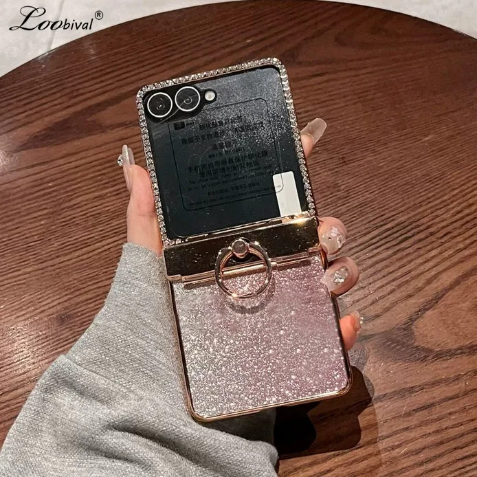 Glitter Diamond Ring Holder Case for Samsung Galaxy Z Flip 8 7 6 zflip 5 4 3 Flip8 Bracket Stand Bling Shockproof Plating Cover