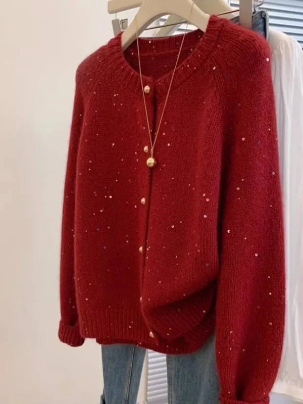 Shiny Red Knitted Sweater Jacket Women's plus Size Autumn Winter Fashion Commute Style Bright Sparkling Open Cardigan