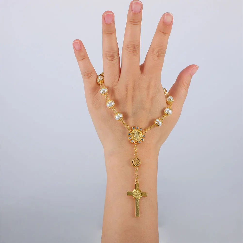 

2Pcs Elegant Cross Pendant for Car Mirror Gold Silver Lace Design Faux Pearl Accent Auto Rosary Hanging Ornament Protection