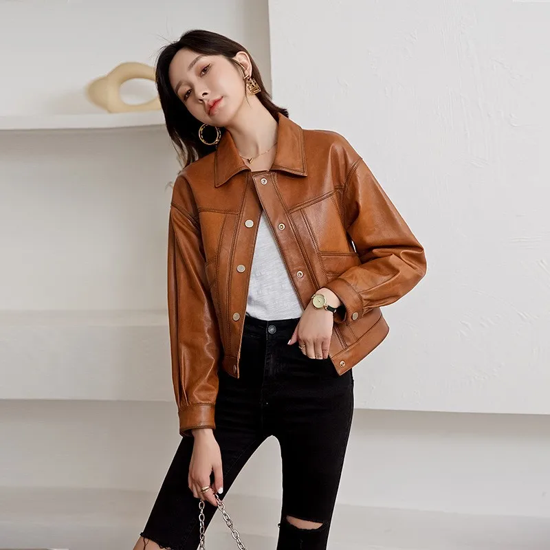 

2023Vintage Genuine Leather Short Jacket Women Autumn Sheep Skin Slim Fit Coat Motorcycle Leather Jackets OL Street Casual Coat