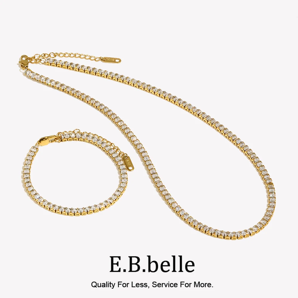 E.B.belle Tennis Chain 3A Zircon Stone Crystal Chain Choker Necklace Bracelet Jewelry Set Luxury Women Wedding Party Jewelry