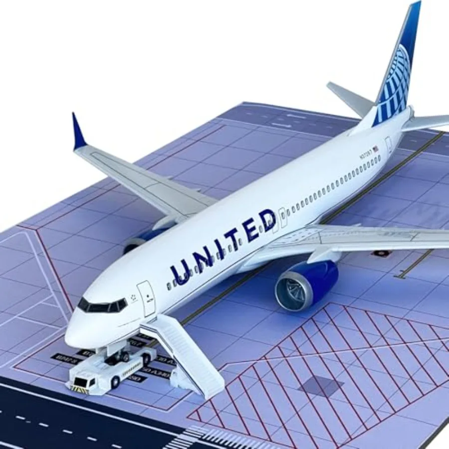 B737 airplane model 1/130 scale, ABS plastic, white with blue accents, LED lights and airport scene accessories for display and