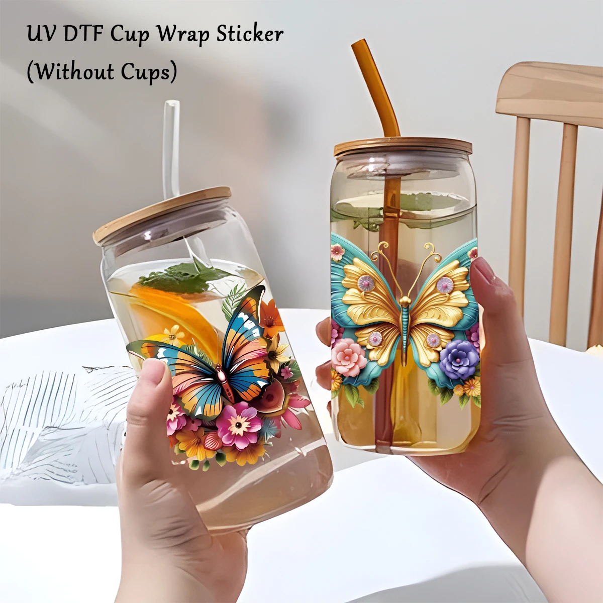 6pcs/pack 3D Butterflies and flowers UV DTF Transfer Stickers for Cup Mug Water Bottle, DIY Waterproof Stickers UV DTF Cup Wraps