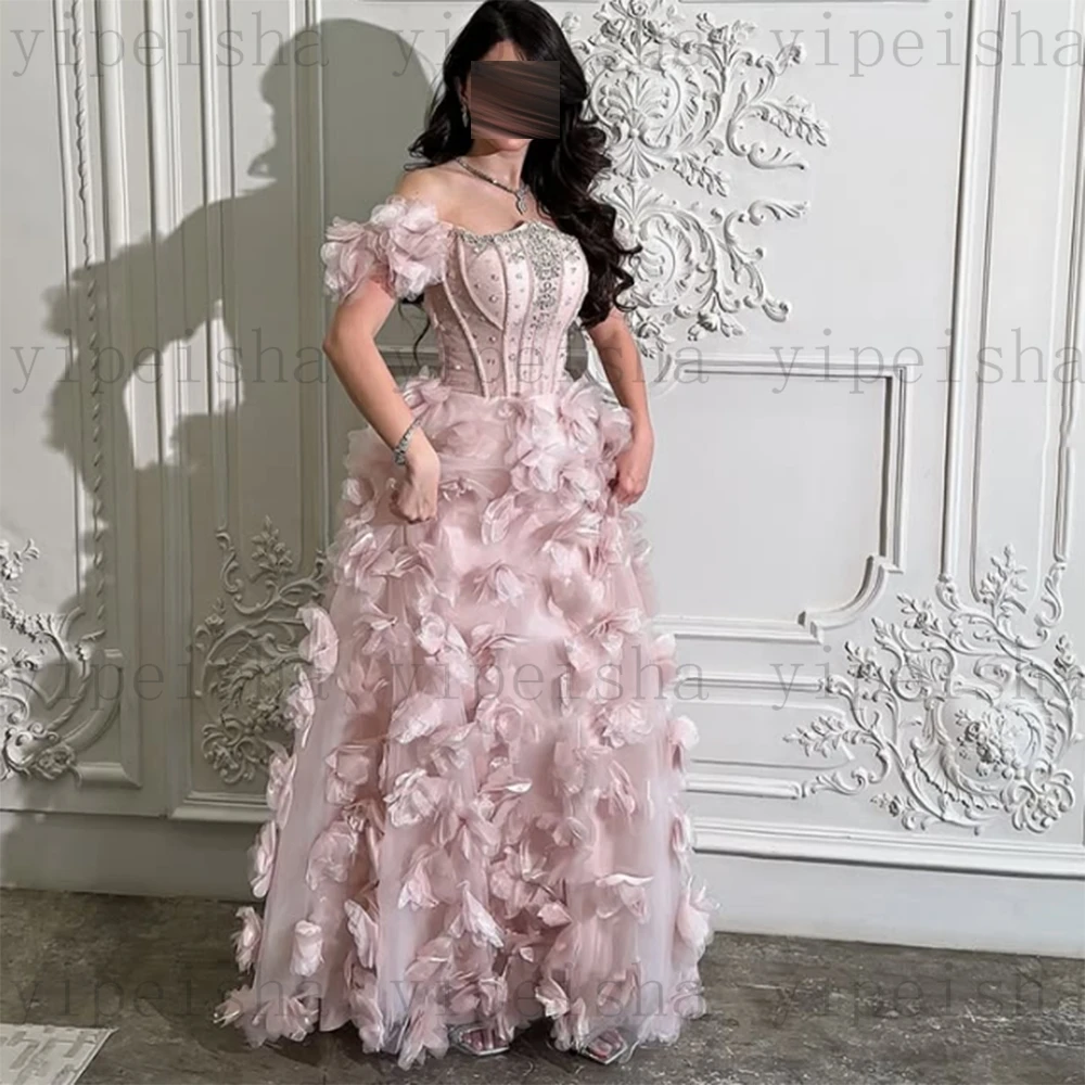 فساتين سهرة وردية مخصصة قبالة الكتف زهور ثلاثية الأبعاد حجر الراين الديكور مطرزة فستان حفلات ألف خط فستان حفلة عيد ميلاد #4