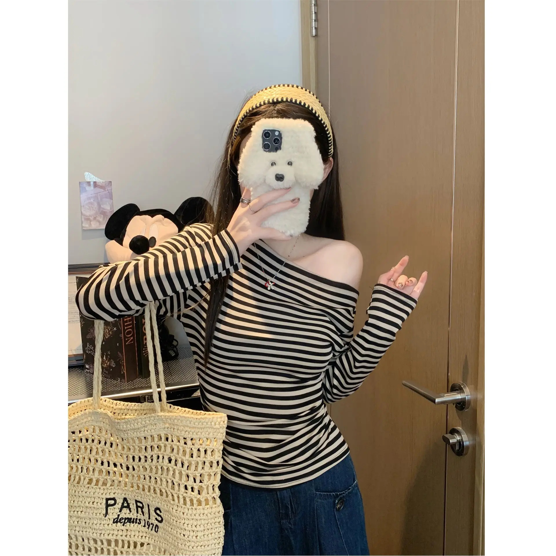 Slim Fit Long Sleeve Striped T-Shirt Women's Autumn Base Layer Shirt Top Casual Style Casual Wind Sleeve Type Regular Fabric