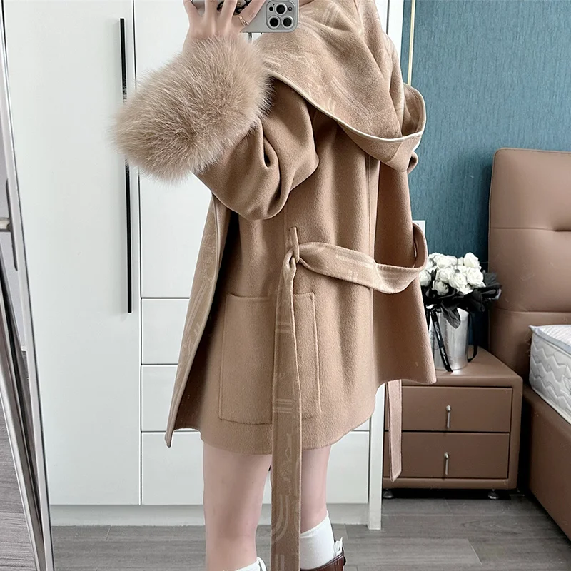 Fashion New Winter Woolen Jacket Women Natural Real Fox Fur Cuffs Thick Warm Wool Cardigan Coat Luxury Streetwear Outwear