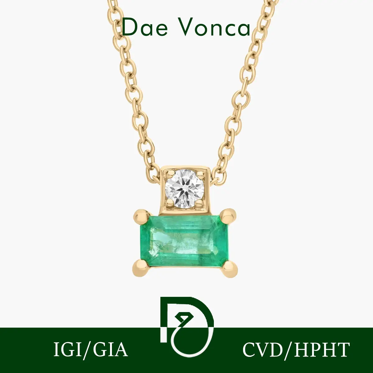 

14K Yellow Gold Emerald Necklace Lab Grown Emerald and Diamond Pendant Charm East West Set Gemstone Jewelry For Anniversary