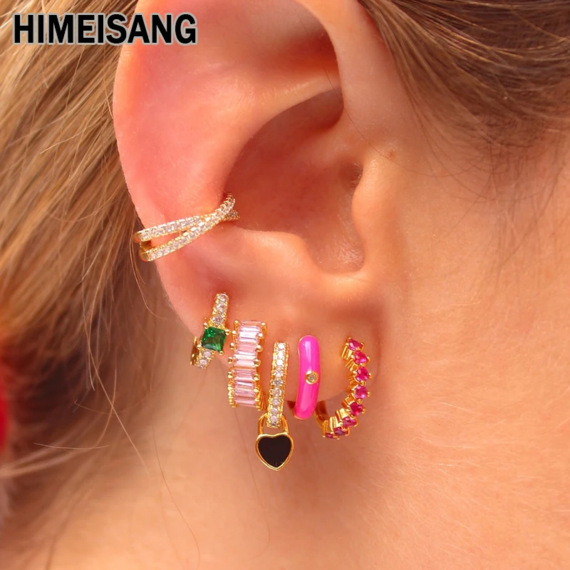 HIMEISANG Gold Filled Silver Hoop Earrings for Women Colorful Zirconia Cz Piercing Enamel Golden Drop Earrings Jewelry Wholesale