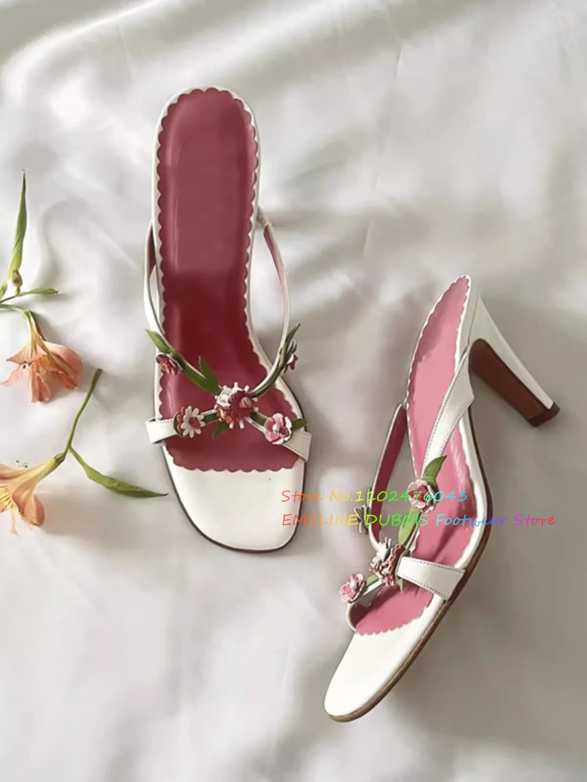 

Handmade Vintage Pink Flower High Heel Mules Peep Toe White Cross Straps Elegent Girl Sweet Party Dress Sandals Half Slippers