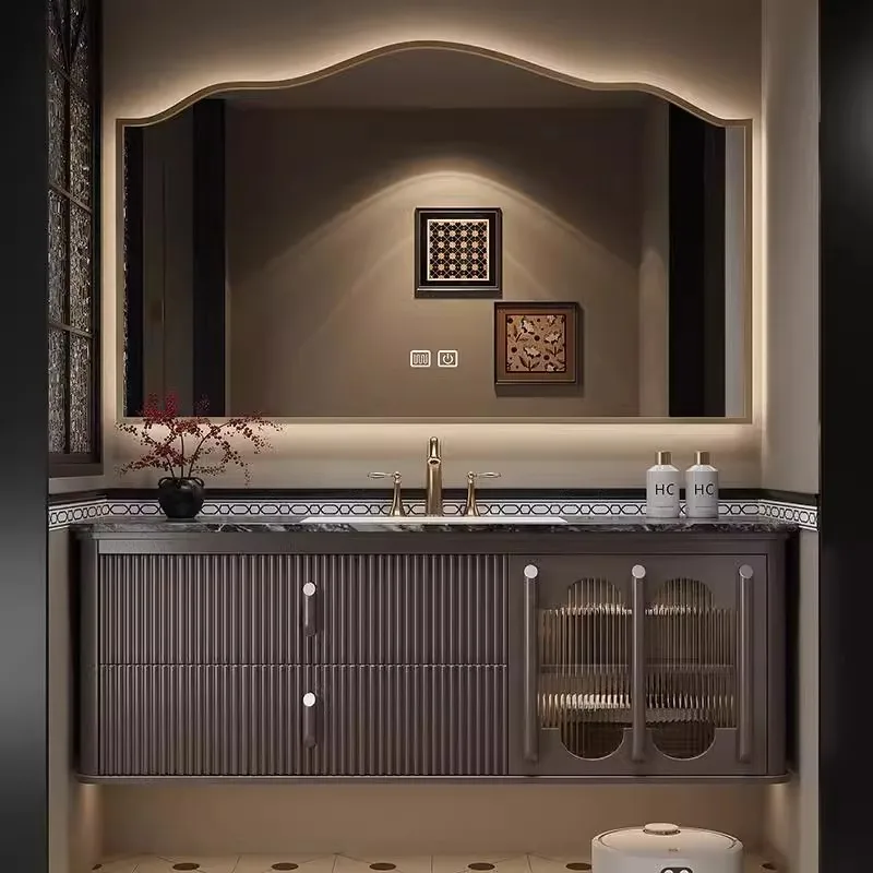 Factory Direct 2026 French retro rock slab seamless integrated basin bathroom cabinet combination modern American washbasin oak