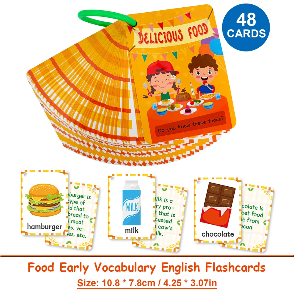 Cartes flash de vocabulaire alimentaire en anglais pour enfants, éducation préscolaire, cognition alimentaire, cartes de poche, aides pédagogiques