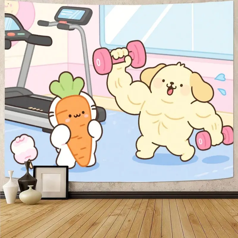 

1 шт., кавайный гобелен из полиэстера с мускулистой собакой и морковью, забавный гобелен для тренировок в тренажерном зале, настенное искусство, пастельный декор, подарок для любителей фитнеса