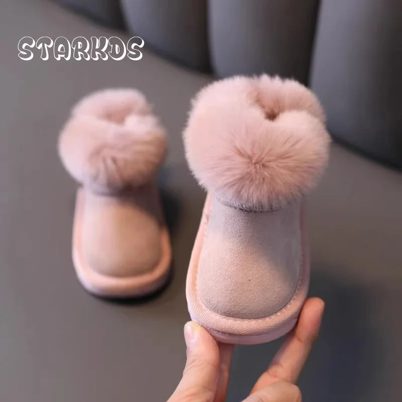 Botas de nieve de piel rosa y gris para bebé, botines cálidos de felpa suaves para invierno, Botas de piel con cremallera lateral de diseño clásico de marca para niño y niña