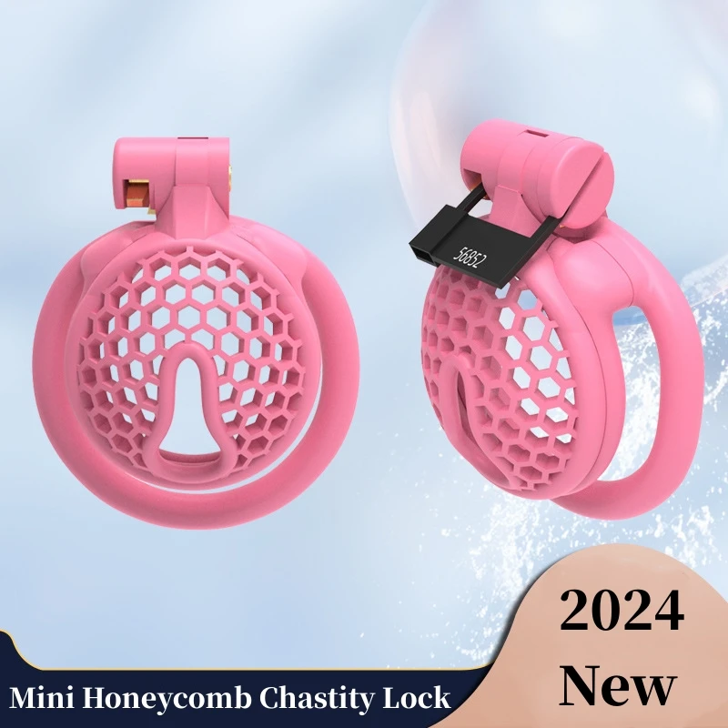 2024 New Mini Honeycomb Chastity Lock with 4 Size Rings Pink Breathable CB Lock Male Chastity Device Adult Erotica Male Sex Toys