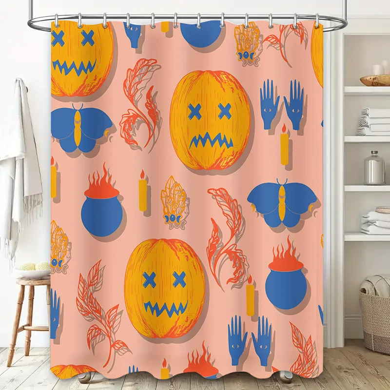Charming Halloween-themed Shower CurtainSpooky Jack-O-Lanterns Magic Symbols in Vibrant Orange Palette Home Decor Accents for Ba