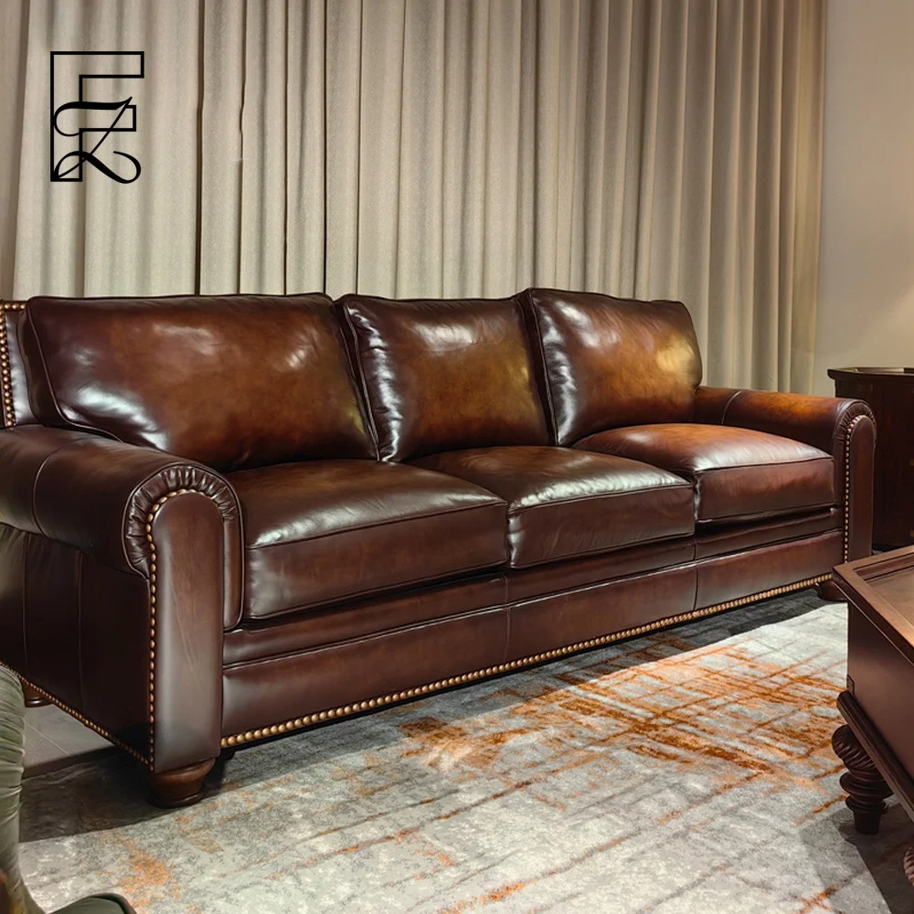 American Style Multifunctional Three-person Straight Sofa Large Barton Brown Hand-polished Genuine Leather Split Back Living