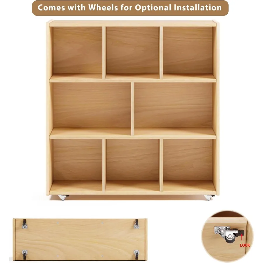 Organizzatori e contenitori per giocattoli con ripiani in legno massello Montessori a 3 livelli con 8 scomparti e 4 ruote, ideali per la sala giochi della stanza dei bambini