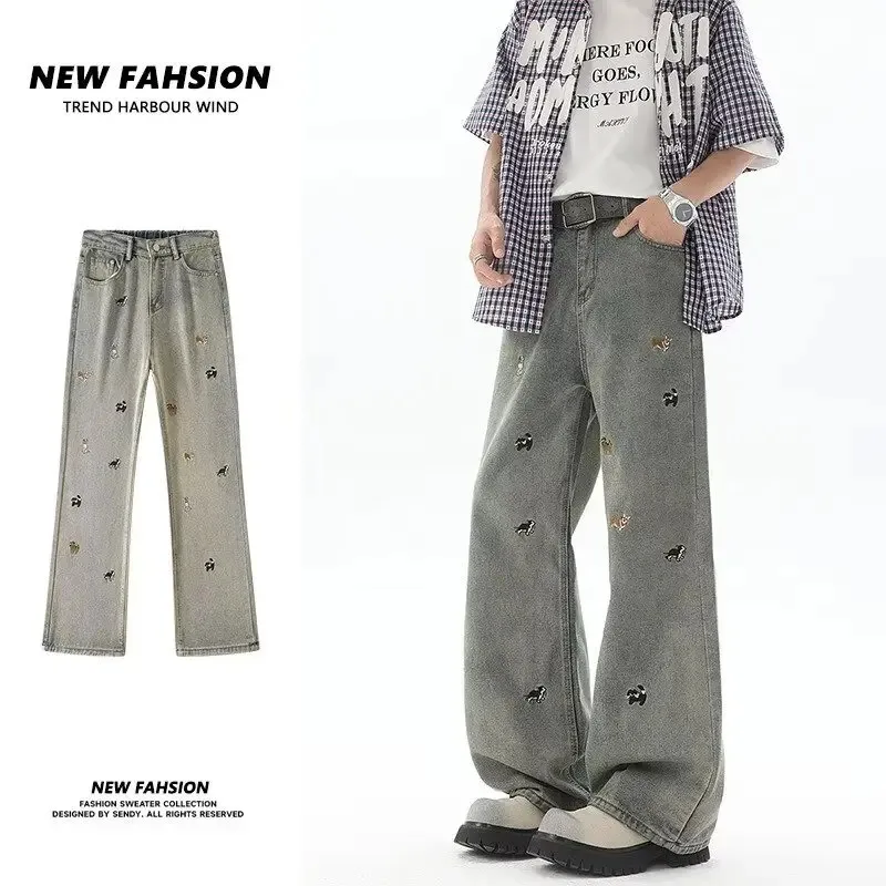 

【Mirrordust】American-style Embroidered Vintage Jeans Loose Wide-leg Versatile Floor-length Pants for men and women