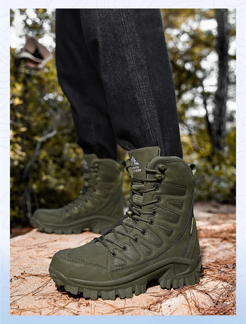 High-Top Leder Herren Stiefel Atmungsaktive Desert Combat Stiefel Outdoor Rutschfeste Wanderstiefel Herren Motorradstiefel Arbeits Stiefeletten – Detail 14