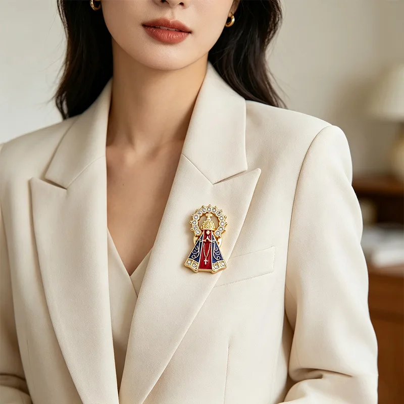 Vintage Enamel Brooch with Rhinestones Guardian Madonna Butterfly Buckle Badge Decoration Craft Gift for Men and Women