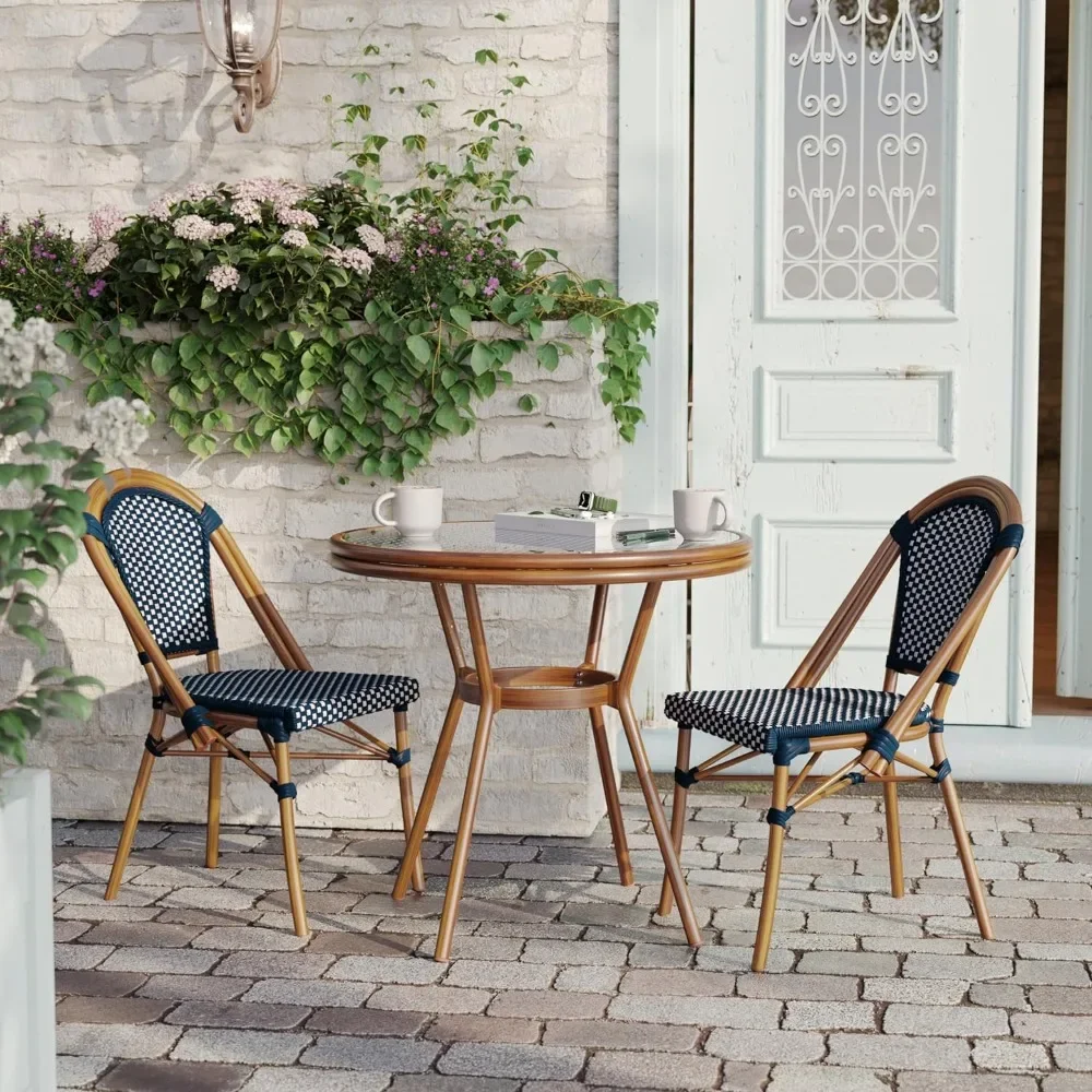 Lourdes Indoor/Outdoor Commercial French Bistro Table, PE, Glass Top, Bamboo Print Aluminum, 31.5 Round, Navy