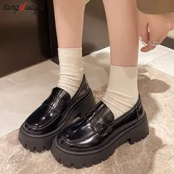 Chunky Loafers Women Platform shoes mary janes Casual Leather Slip On Ladies shoes Black Fashion Spring Autumn College style