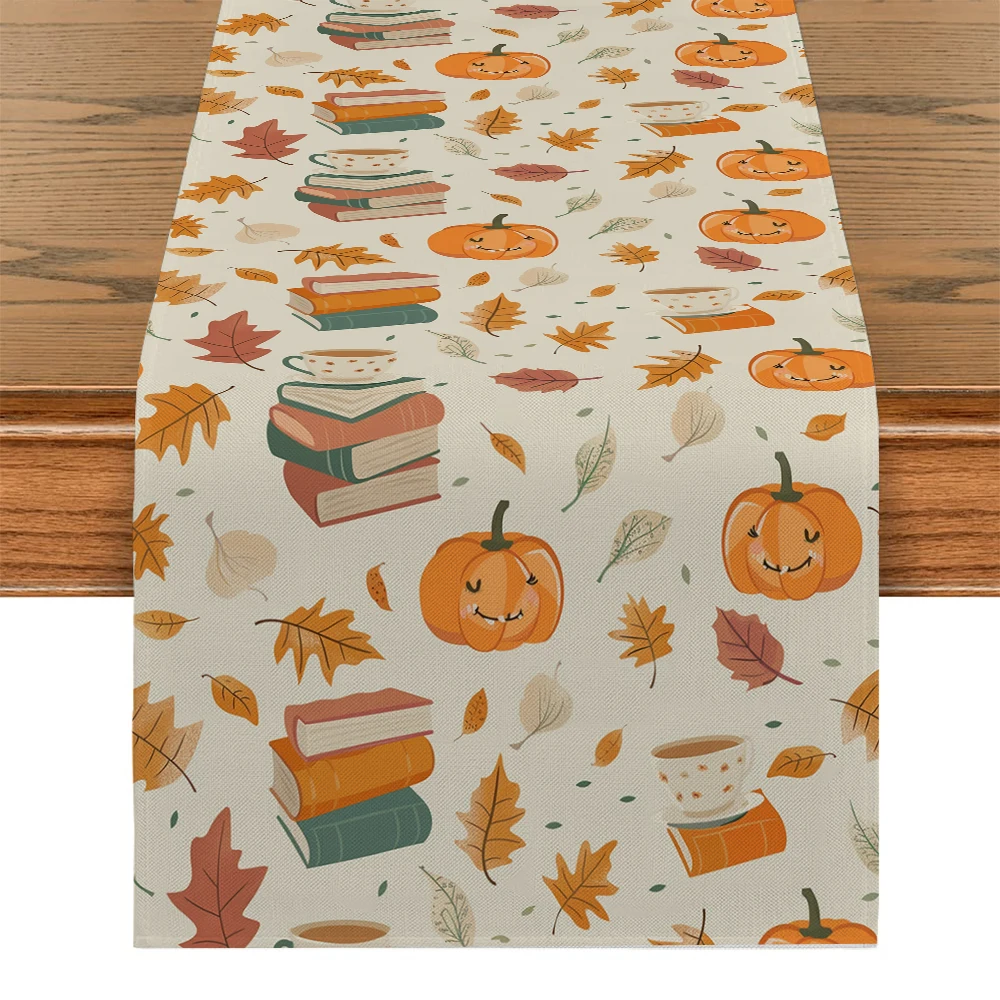 

Pumpkin Maple Leaf Cup Book Autumn Table Runner Kitchen Table Decor Farmhouse Dining Table Runners Wedding Party Decorations