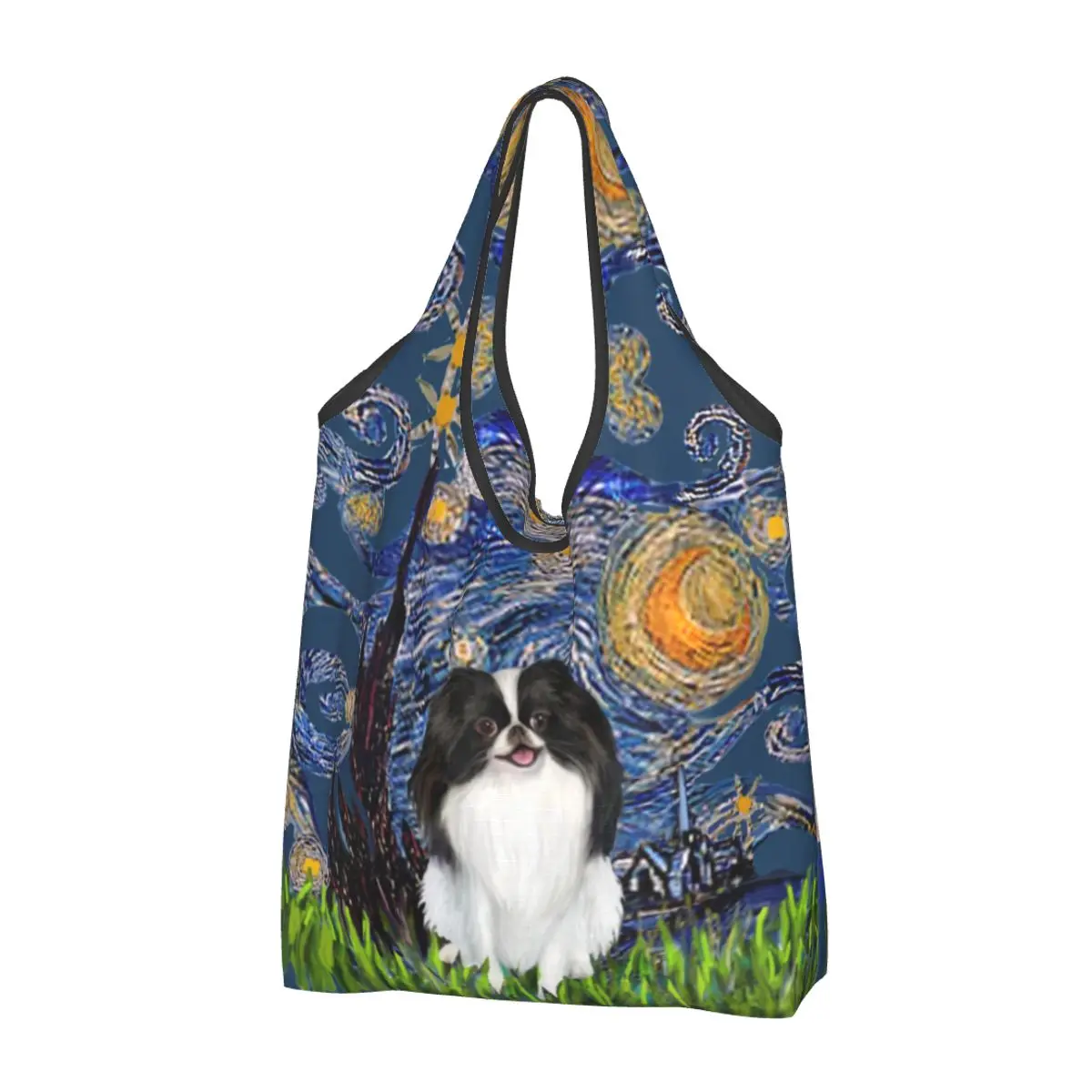 Kawaii Starry Night Free Form Japanese Chin Shopping Tote Bags Portable Van Gogh Dog Grocery Shopper Shoulder Bag