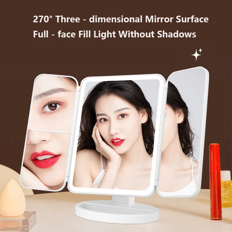 

3-Side Folding LED Makeup Mirror with Lights - Rotatable HD Magnifying Desktop Mirror Vintage Vanity Mirror for Women