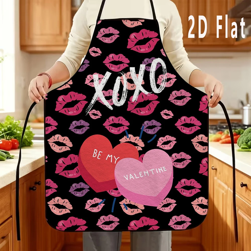 

1 шт. 2D плоский романтический фартук с принтом губ и сердечками, 60x80 см, фартук для кухни и ресторана, фартук для барбекю, прочный и легко чистится