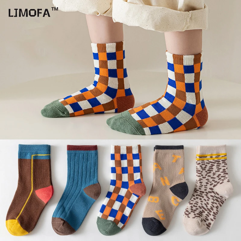 LJMOFA 5 Pairs Children Socks for Girls Boy Cartoon Toddler Cotton Knitted Sports Socks Four Seasons New Kids Tube Socks C161