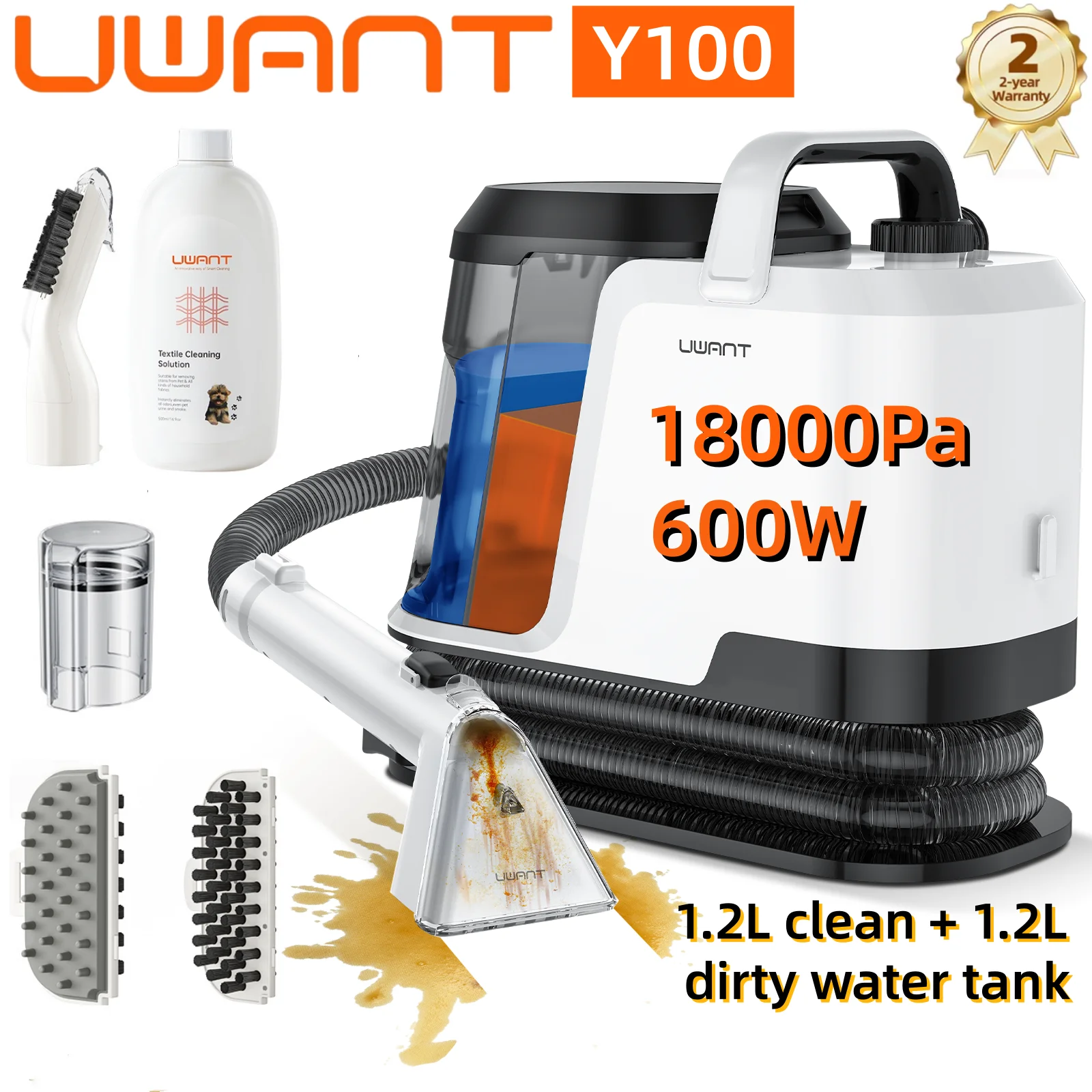 Nettoyeur de tapis portable Uwant Y100 18000Pa 600W, grand réservoir d'eau de 2,4 L, auto-nettoyant, brosse pulvérisatrice, aspiration, nettoyeur de taches portatif pour canapé, rideau, lit, siège de voiture, chaussures